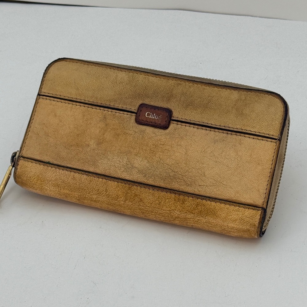 Chloe Tan Leather Zip‎ Around Long Wallet Gold Hardware Vintage Patina Italy